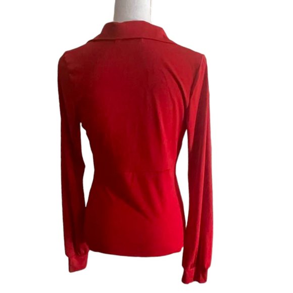 PattyBoutik Red Long Sleeves Rouched Flattering Notch Collar Top - L - Picture 7 of 9